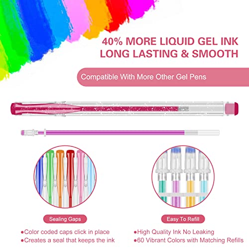Efimeso 100 Pack Gel Pens Set 50 Glitter Gel Pens with 50 Refills in Zipper Case for Adult Colouring Books Writing Drawing with Glitter Metallic Neon Pastel Swirl Colours - Image 3