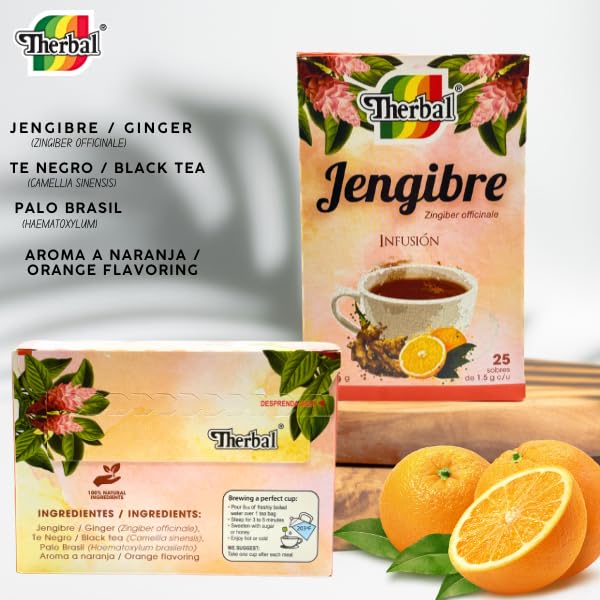 Therbal Jengibre (Ginger) Herbal Tea – 25 Tea Bags – With Black Tea, Palo Brasil, and Orange Flavor – Natural Infusion Blend | Natural pleasantly spicy | healthy digestion - Image 3