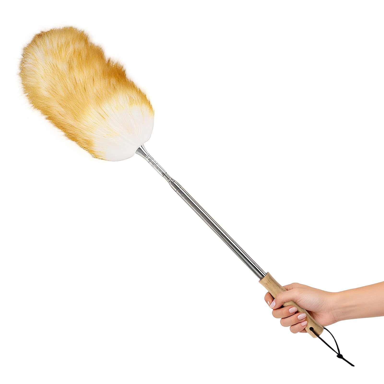 Plumero de lana de cordero extensible de 27 a 85 pulgadas con cabeza antiestática flexible y mango antideslizante de madera para un alto polvo