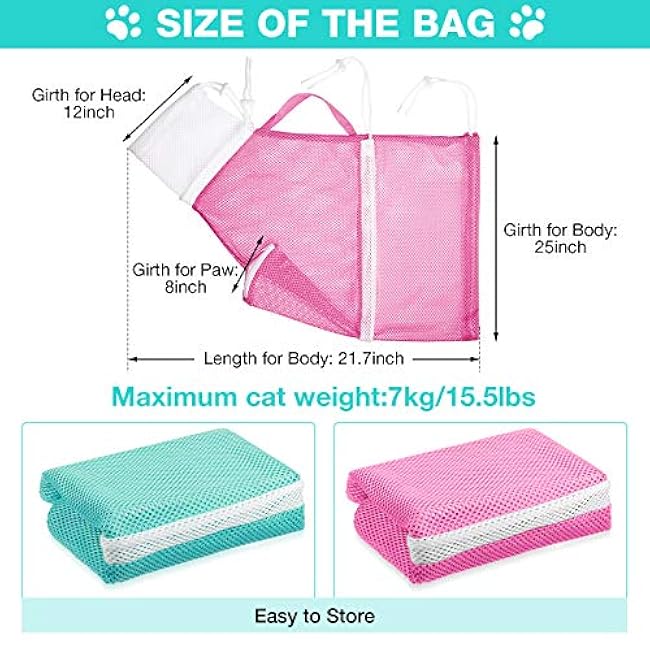Shappy 2 Pcs Cat Bathing Bag Adjustable Cat Grooming Net Bag Breathable Anti Bite Anti Scratch Restraint Net for Pet Wash, Nail Trimming, Pet Examination, Ears Clean(Pink, Green)-TLGJwqW9