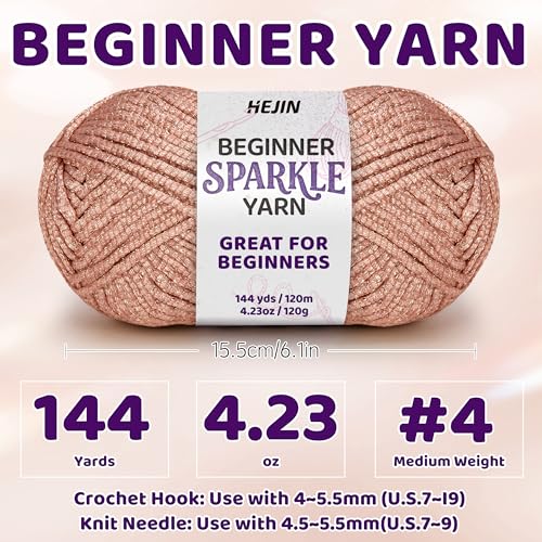 Image of 120g Rose Gold Sparkle Yarn for Crocheting and Knitting; 120m(144yds) for Beginners with Easy-to-See Stitches; Worsted-Weight Medium #4; Yarn for Beginners Crochet Kit Making