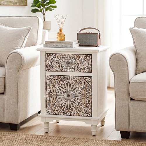 Image of HOMPUS Night Stand Set 2, Vintage Nightstand with Storage, White Nightstand with Flower Pattern, Accent End Table, Bedside Table for Farmhouse, Bedroom, Light Grey Grain