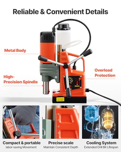 Image of VEVOR Magnetic Drill Press, 1400 W, 2 in Boring Diameter, 2810 lbf Power Portable Mag Drill Press, 0-800 RPM Adjustable Speed, with Weldon Shank, for Metal Surface, Industrial and Home Improvement
