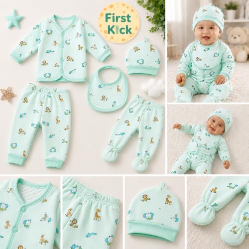 Image of First Kick Presents New Born Baby Summer Wear Baby Clothes 5Pcs Sets 100% Cotton Baby Boys Girls Unisex Baby Cotton /Summer Suit Infant Clothes First Gift for New Born Baby