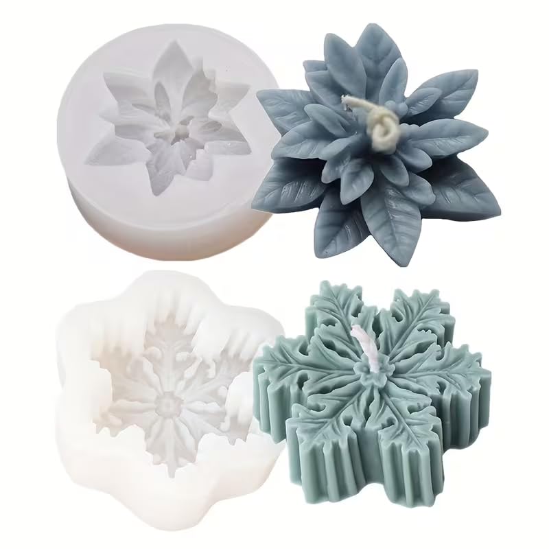 HUSAINIMART | 2pcs Christmas Holly Leaf Soap Molds, Christmas Snowflake Pattern DIY Handmade Soap Molds, Christmas Theme Silicone Candle Molds-image-4