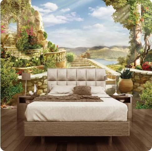 Papier peint 3D jardin pour salon : fresque murale paysage de bâtis grand format