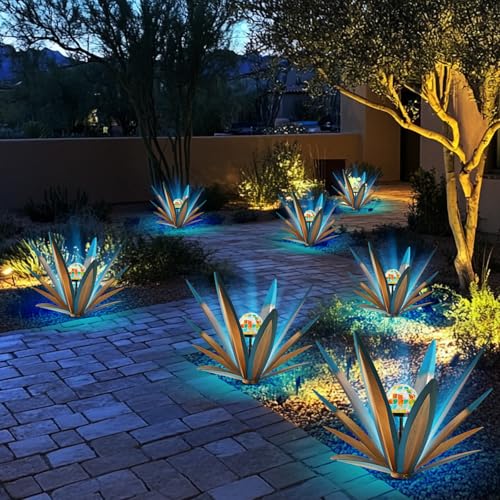 Image of TOMBABY Solar Rustic Garden Style Metal Agave Plants Outdoor Patio, Home Decor Hand-Painted Metal Agave Garden Patio Statues, Suitable for Desert Areas, Outdoor Lawn Decorations (2 Solar Blue)