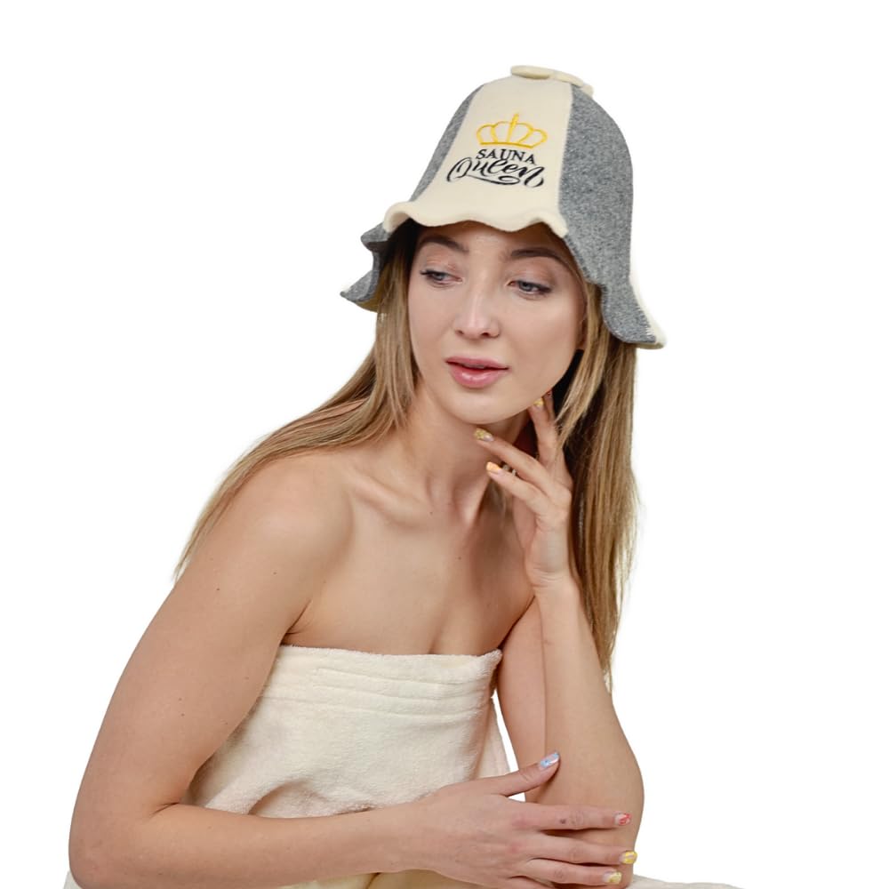 Saunahut 'Sauna Queen' White - 100% organische Wollfilzmützen - Schützen Sie Ihren Kopf vor Hitze - Englische Sauna E-Book Handbuch inklusiv - mit Stickerei