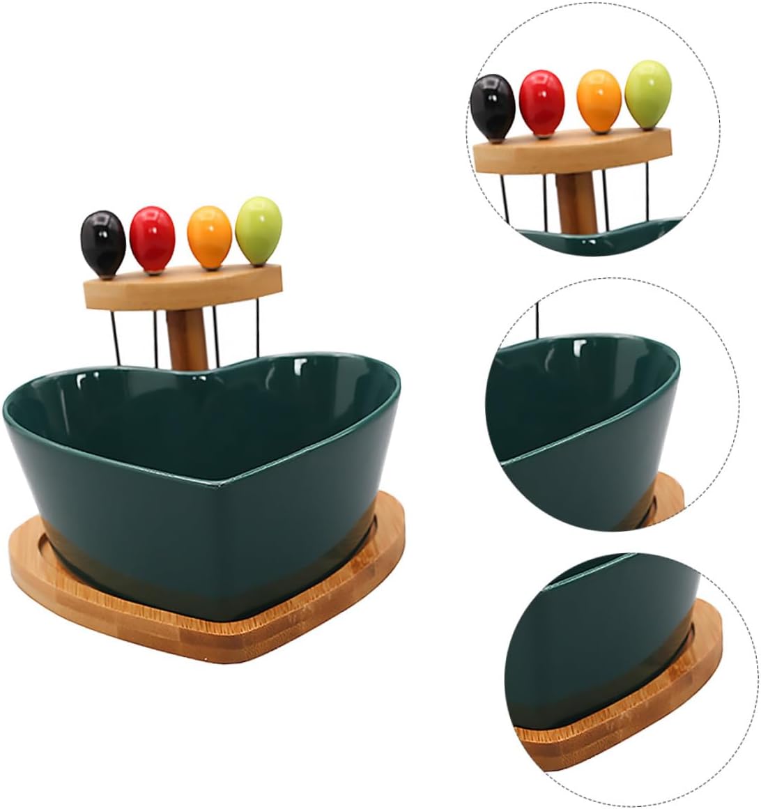 Ceramic Salad Bowl with Fork Set, Heart-shaped Porcelain Fruit Dessert Bowl, Green Tableware for Household Dining and Snack Serving