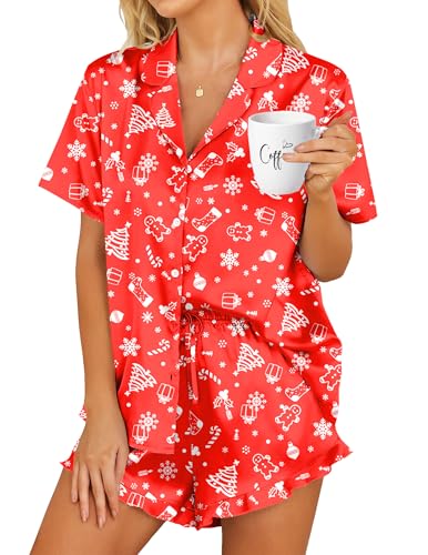 Image of HOTOUCH Womens Satin Pajamas Set Button Down 2 Piece Silk Pjs Shorts Set Ruffle Lingerie Notch Collar Sleepwear
