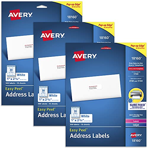 Avery Address Labels for Laser & Inkjet Printers, 300 Labels Per Pack, 3 Packs, 900 Total (18160)