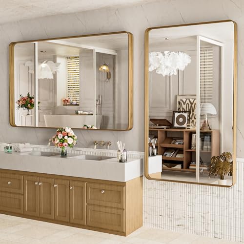 LOAAO 60X40 Inch Bathroom Mirror with Wood Grain Colored Metal Frame, Rounded Rectangle Metal Framed Bathroom Mirror, Anti-Rust, Hangs Horizontally or Vertically, Tempered Glass