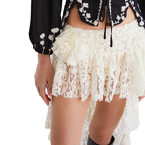 Women Y2K Lace Mini Skirt Elastic Low Rise Pleated Mini Skirt Layered Ruffle Flowy Short Skirt Half Slips Underskirt3