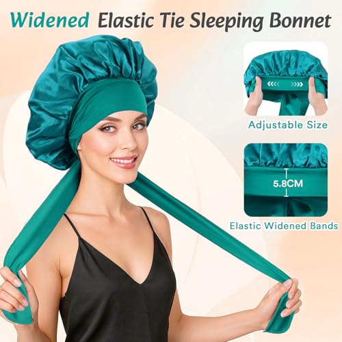 Euqvunn 2Pcs Hair Bonnet for Sleeping Satin Hair Bonnet with 6.2×63cm Widen Tie Band, Sleep Bonnet - Image 3