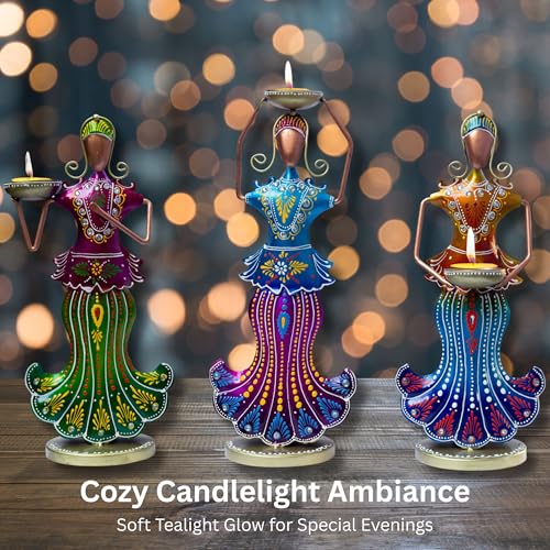 Metal Tealight Candle Holder Dolls Set - Multicolor Home Decor Showpiece Figurines, Tabletop Candle Stand for Living Room, Diwali Gifts, Anniversary Presents (3 Dolls) — photo — 2 of 9
