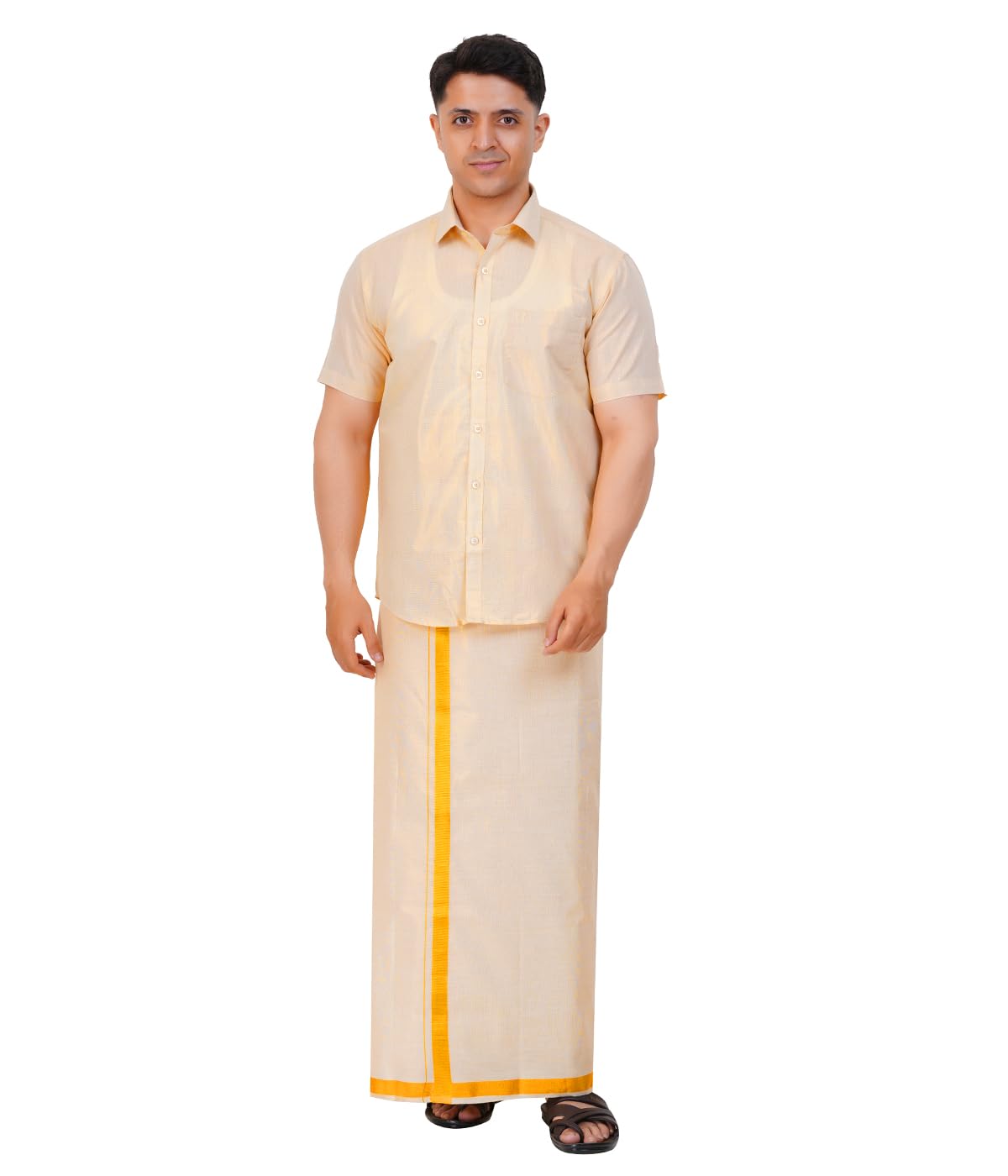 fashily Men's Traditional Indian Shirt and Dhoti Set, Half Sleeves Tissue Silk Cotton Shirt With Double Dhoti 4 metres for men-picture-17
