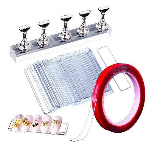 EBANKU Nail Art Holder Display Stand Set, 50Pcs Acrylic Nails Display Stand with 10M Double Sided Tape for Nails Walls, Magnetic Nail Practice Stand Manicure Tools