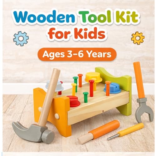 Image of Wooden Tool Kit for Kids | Pretend Play Construction Toy Set | STEM Educational Mechanic Toy for Boys & Girls Ages 3-8 | Montessori Toy (Nut Table)