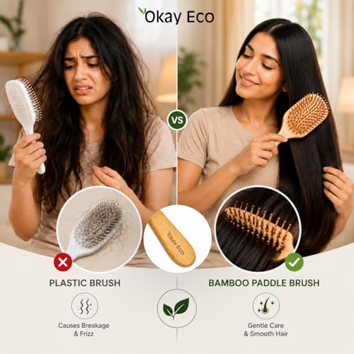 Image of Bamboo Paddle Hair Brush Combo Regular & Oval Shape Natural Gentle Detangling EcoFriendly Hair Care Tool