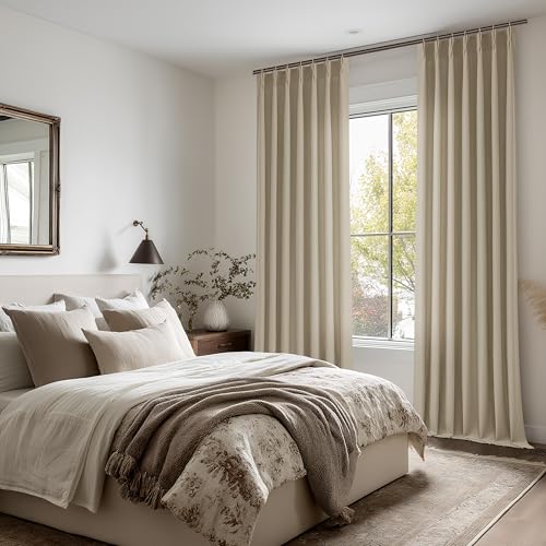 Image of Light Brown Pinch Pleated Semi Sheer Linen Curtains 108 Inch Length | Floor To Ceiling Extra Long, Flax, Hook Rings Memory Shape, Light Tan, Light-Filtering Privacy, Living Room, Farmhouse Rustic