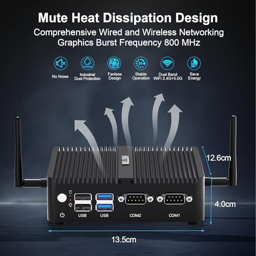 Image of HISTTON Fanness Mini PC J5005,Industrial PC Supp.Win 11 Pro,DDR4 4GB RAM 64GB SSD,Dual 1GbE LAN,WiFi 5, BT4.2, 2 RS232 COM,HD /VGA, USB3.0,Mini Desktop Computer