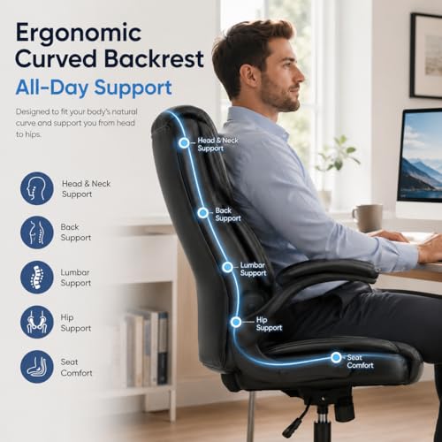 Image of Ergonomic PU Leather Office Chair - Executive Computer Desk Chair with Lumbar Support & Wide Seat, Adjustable Height Task Chair with 360 Swivel & Quiet Wheels for Home Office, Gaming, Black