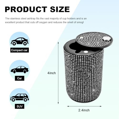 Image of Car Cigarette Ashtray with Lid, Stainless Steel Bling Crystal Diamond Smokeless Fireproof Vehicle Ashtray Holder, Portable Sparkling Ashtray Cup Holder for Car Home Office (White)