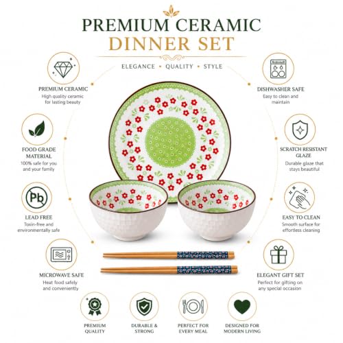 Image of Ceramic Dinnerware Set, Japanese Asian Cuisine Bowls and Plates for Dinner, Rice, Soup, Dessert, Salad, Gift Box Packed Dinner Set (Green, Pack of 5)