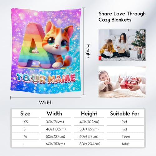 Cat Lovers Blanket with Name - Personalized Flannel Blankets for Girls - Customized Cat Theme Gifts - Cute Pattern Soft Cozy Throw for Sofa Living