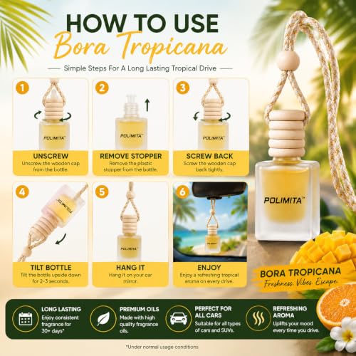 Image of BORA TROPICANA Car Hanging Perfume | Premium Long Lasting Car Air Freshener | Wooden Cap Hanging Bottle | Luxury Fragrance for Cars | 8ml (BORA TROPICANA)