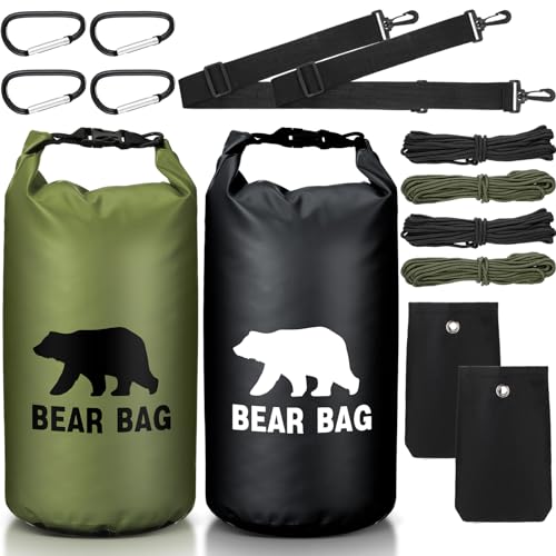 Foilswirl 2 Sets Bear Food Bag for Camping Food Hanging System Includes 2 Waterproof Bear Bag Pulley System 4 Nylon Ropes 4 Clips 2 Rock Pouch(Black Green 20L)