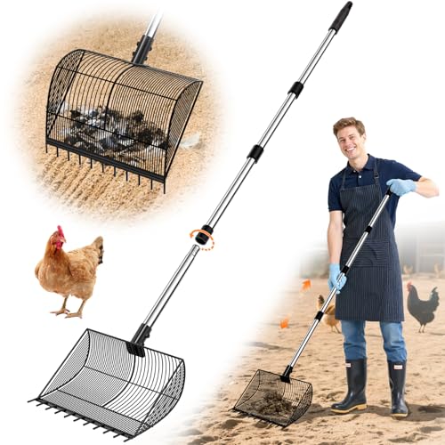 Large Chicken Poop Scooper & Rake 2-in-1, Adjustable 26-69' Stainless Steel Handle, Litter Scooper & Sand Sifting Shovel for Chicken Coop with 2-Shape Sifting Holes (Black)