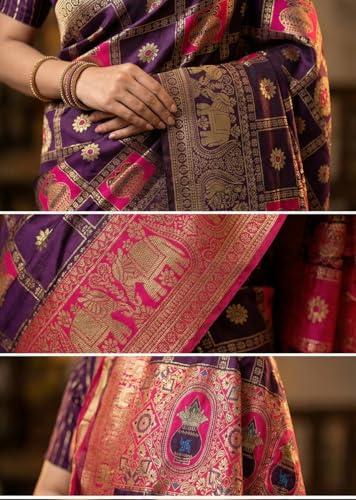 Image of C J Enterprise Women's Kanjivaram Silk Saree Woven Patola Banarasi Soft Sarees Zari With Blouse Piece (Hathi Patola)