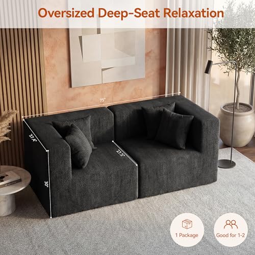 Image of MONVANE 75 inch Loveseat Sofa, Comfy Chenille Modular Sectional Sofa with 4 Pillows, Modern Deep Seat Boneless Couch, 2 Seater Sofa for Living Room, Bedroom and Apartment, Black