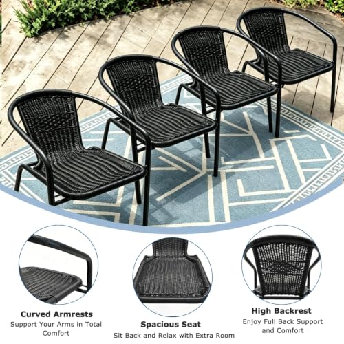 Image of 4 Stackable Wicker Patio Chairs, Weather-Resistant Outdoor Seating, Ideal for Balcony Porch Lawn & Small Patio Furniture Set Decor, Black