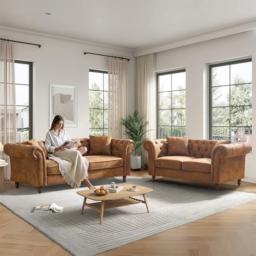 TTK Chesterfield Faux Leather Sofa Set 2+3 Seater Brown