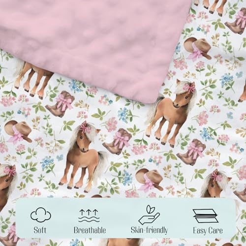 Image of Mink Baby Girl Blanket Western Cowgirl Pony Floral, Horse Pink Flower Hat Boot Soft Double Layer Dotted Backing Receiving Swaddle, Newborn Infant Toddler Nursery Crib Bedding Shower Gift 30x40