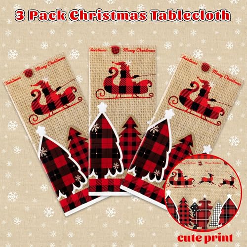 Image of Christmas Plastic Table Cover - 3 Pack Merry Christmas Buffalo Plaid Disposable Waterproof Plastic Rectangle Xmas Table Cloth Winter Holiday Party Picnic Decoration Supplies Indoor Outdoor