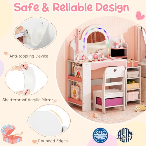 Image of Costzon Kids Vanity, Girls Vanity Set with Lighted Mirror, Bookshelf, Jewelry Storage, Toddler Makeup Vanity Desk Dressing Table, Wooden Kids Vanity Table and Chair Set (White)
