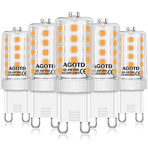 AGOTD G9 LED Lampe Warmweiß 2700K, LED Leuchtmittel G 9 4W entspricht 30W-40W Halogenlampe, Glühbirne kein Flackern, nicht dimmbar, Enegiesparende kleine Birne, 5er Pack