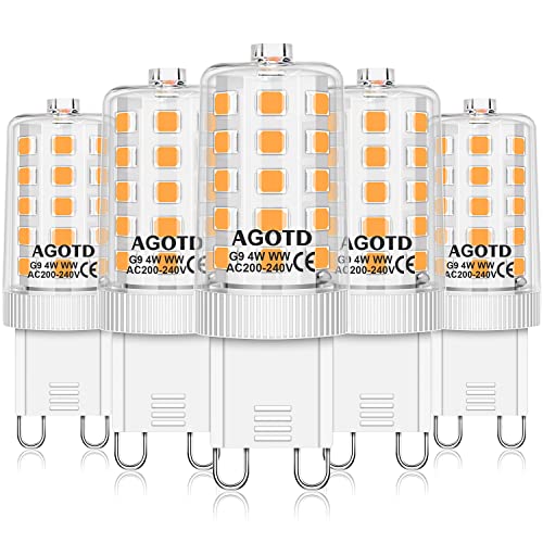 AGOTD Ampoules LED G9 4W, ampoule 2700k blanc chaud, sans scintillement, Equivalente 40W Halogène Lumière, 400 lumens, non dimmable AC220-240V, Angle de 360, Pack de 5