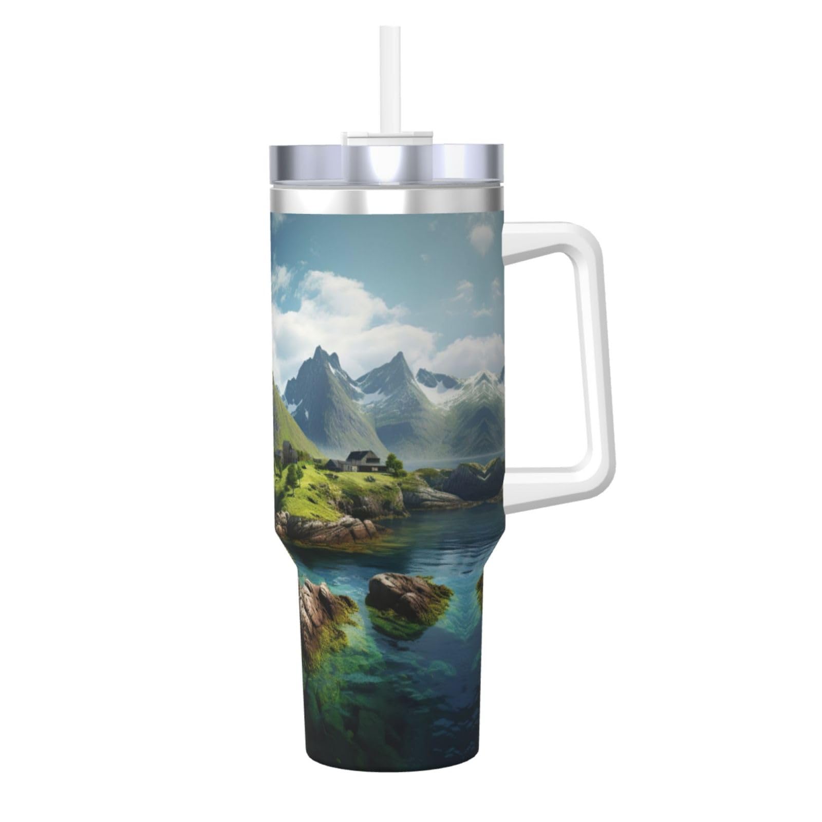 Norway Islands Ice Bully Doppelwandige isolierte Wasserflasche mit Griff und Strohhalm-Deckel, 1,2 l