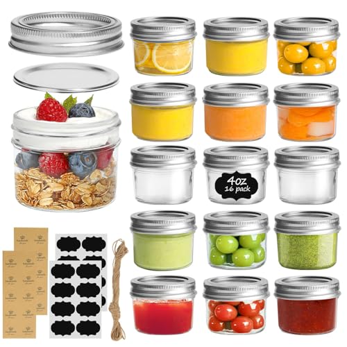 Image of ComSaf Mini Mason Jars Bulk 4oz 16PCS, Regular Mouth Mason Jar with Lids and Seal Bands, Small Glass Canning Jar for Spice, Jam, Honey, Jelly, Dessert, Shower Wedding Favors, DIY Candles Decor