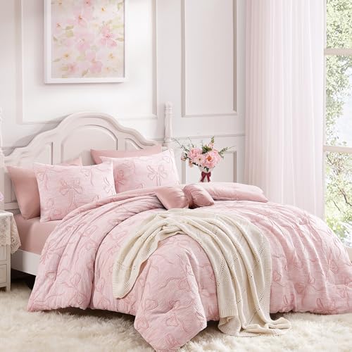Image of Andency Full Size Cute Comforter Set, 3 Pieces Dark Pink Boho Tufted Bedding Set, 3D Puffy Bow Comforters for All Seasons (1 Comforter, 2 Pillow Shams), 79 inchx90 inch, Dark Pink
