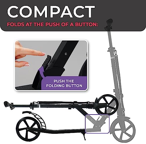 Image of LaScoota Kick Scooter for Kids Ages 6+, Teens & Adults, Large 8 inch Sturdy Urethane Wheels. Adjustable Handlebar, Lightweight, Foldable, 220lbs Max Load