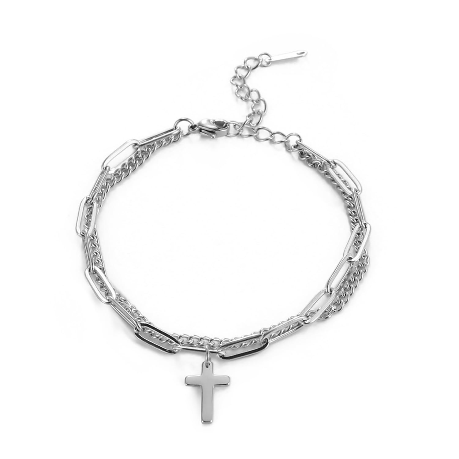 Bracciali, Bracciale con Pendente a Croce alla Moda a Doppio Strato - Cristiano Religioso Regolabile(Silver)