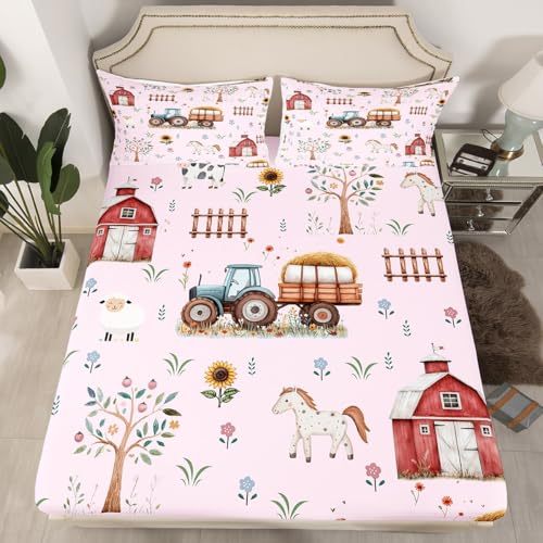 Drap Housse 90x190 Enfant d'animaux de Ferme,Drap-Housse Tracteur de Dessins Animés,Drap de Lit Porte de Grange Rustique Ferme Cheval Mouton Vache Animaux de...