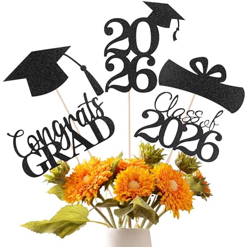 Cyunda Graduation Decorations 2026, 20 PCS Sparkling Black Double-Sided Centerpiece Sticks for Tables, Class of 2026 Table Toppers and Party Supplies