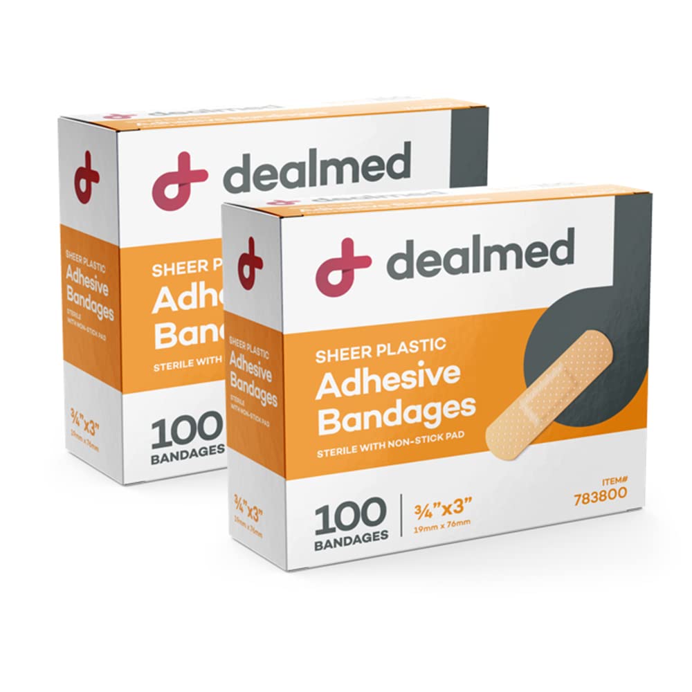 Dealmed Sheer Plastic Flexible Adhesive Bandages – 100 Count (2 Pack) Bandages with Non-Stick Pad, Latex Free, Wound Care for First Aid Kit, 3" x 3/4"