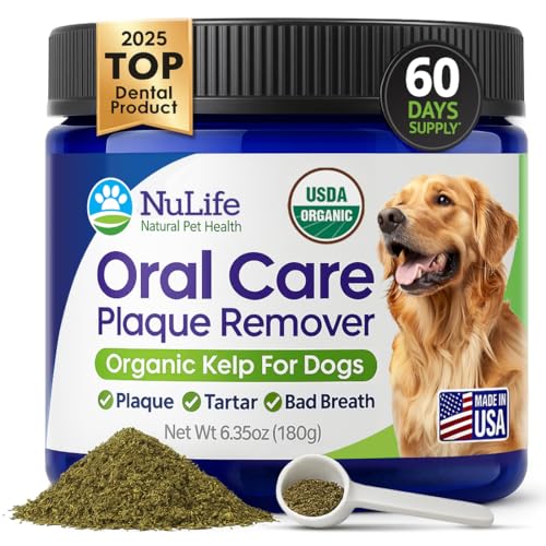 Dog Teeth Cleaning Powder, Dog Plaque and Tartar Remover, Bad Breath Treatment for Dogs with USDA Organic Sea Kelp Powder, Dog Dental Care Made Easy, for All Ages, 6oz